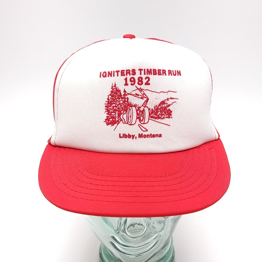Vtg Igniters Timber Run Trucker‎ Hat Cap Red White Snapback Montana Mesh 80's